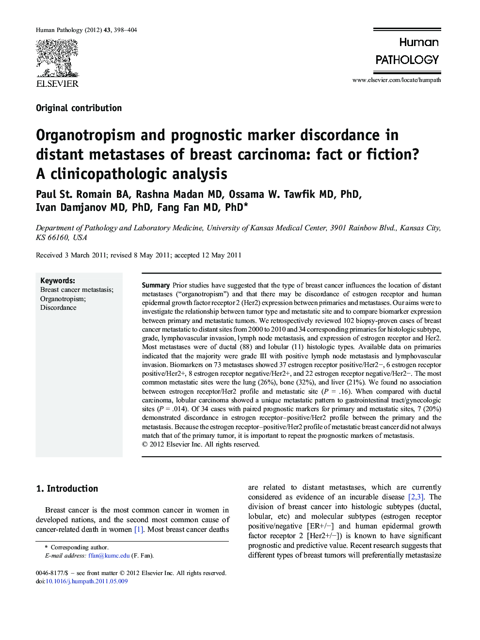 Organotropism and prognostic marker discordance in distant metastases of breast carcinoma: fact or fiction? A clinicopathologic analysis