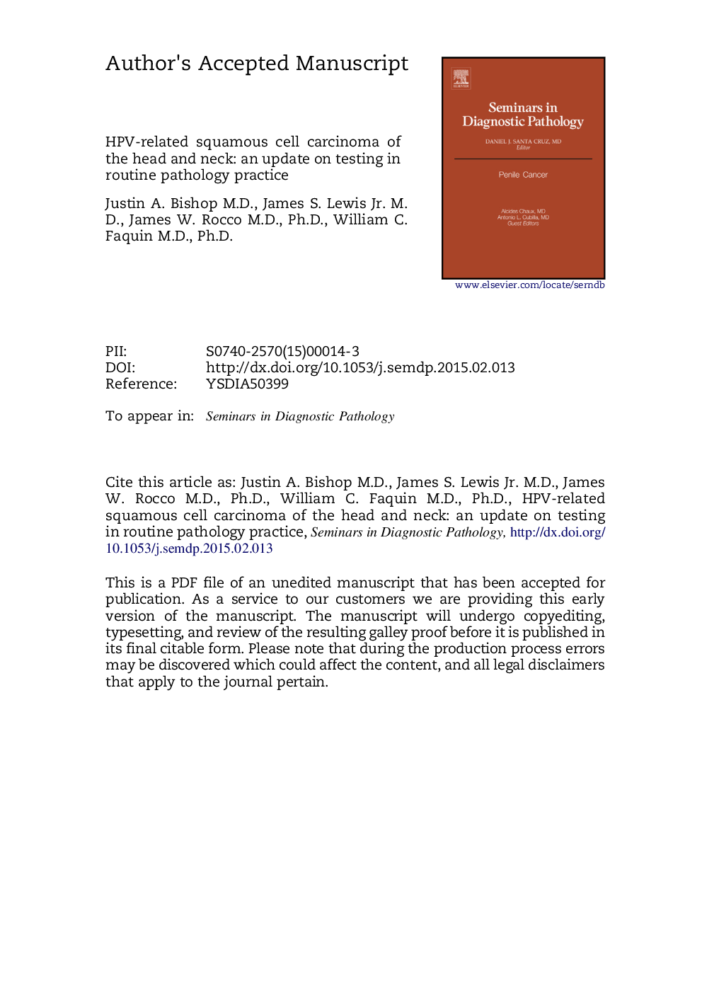 HPV-related squamous cell carcinoma of the head and neck: An update on testing in routine pathology practice