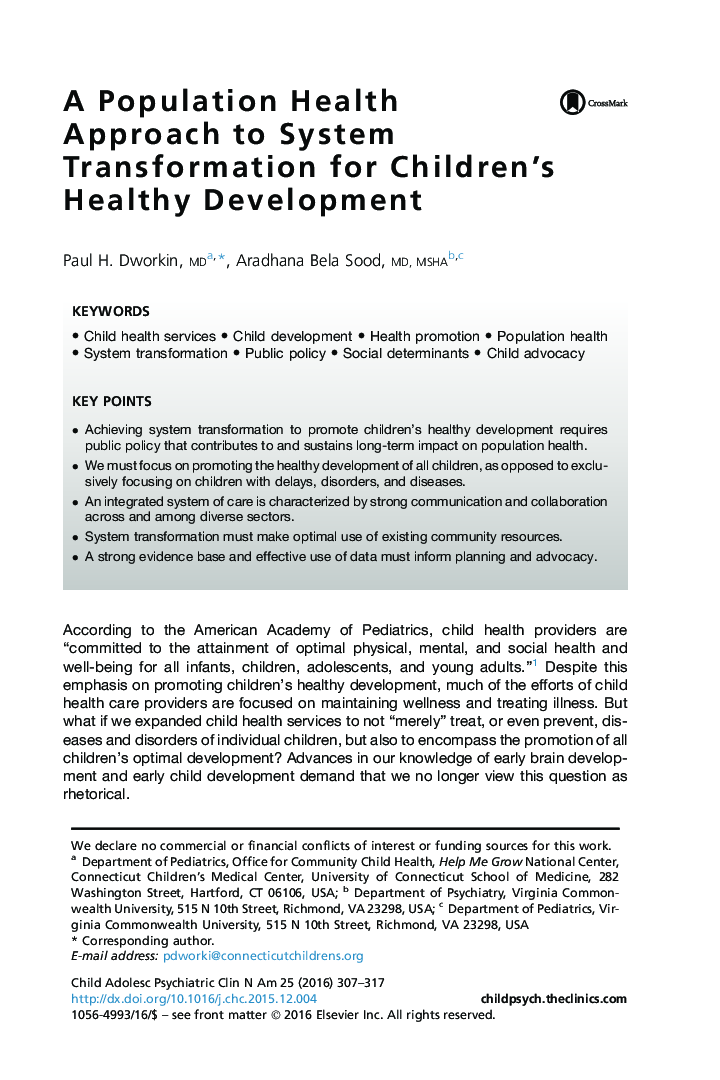 A Population Health Approach to System Transformation for Children's Healthy Development