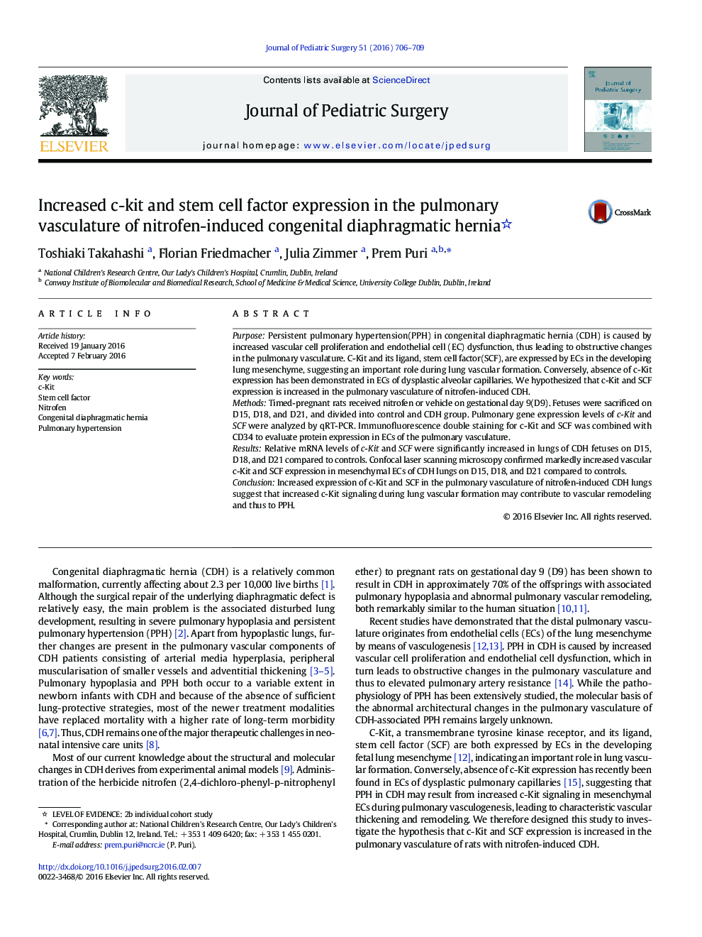 Increased c-kit and stem cell factor expression in the pulmonary vasculature of nitrofen-induced congenital diaphragmatic hernia