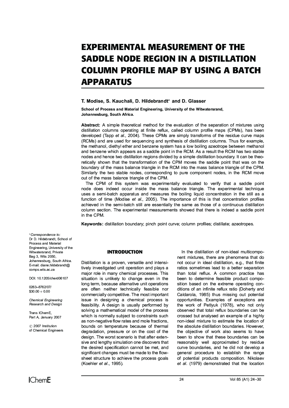 Experimental Measurement of the Saddle Node Region in a Distillation Column Profile Map by Using a Batch Apparatus