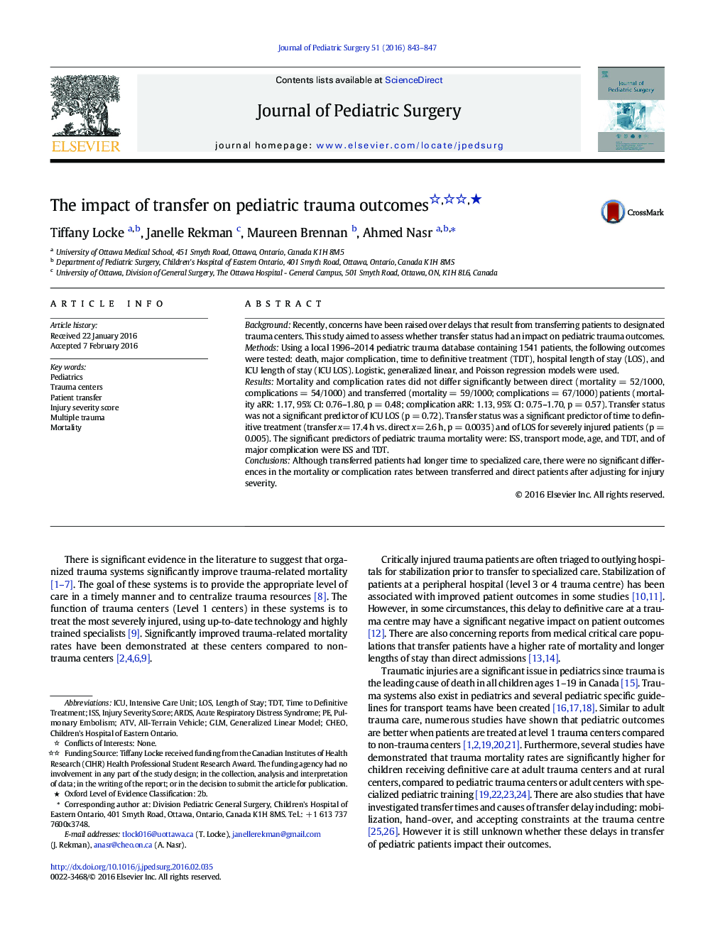 The impact of transfer on pediatric trauma outcomesâ