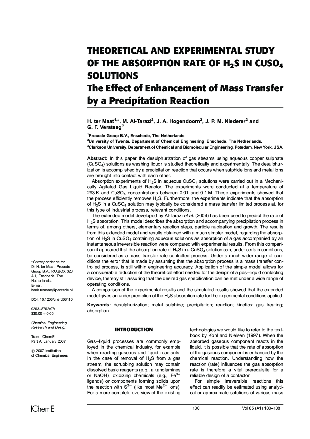 Theoretical and Experimental Study of the Absorption rate of H2S in CuSO4 Solutions: The Effect of Enhancement of Mass Transfer by a Precipitation Reaction