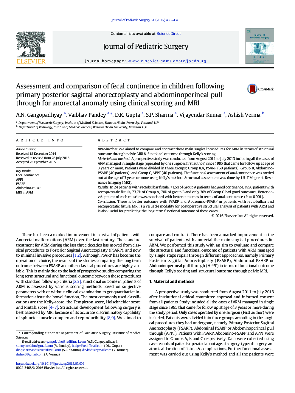 Assessment and comparison of fecal continence in children following primary posterior sagittal anorectoplasty and abdominoperineal pull through for anorectal anomaly using clinical scoring and MRI