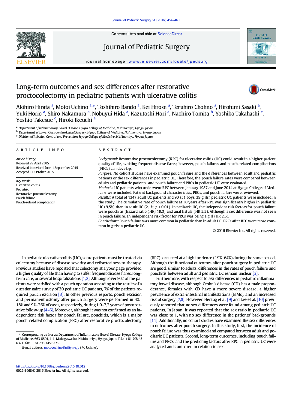 Long-term outcomes and sex differences after restorative proctocolectomy in pediatric patients with ulcerative colitis