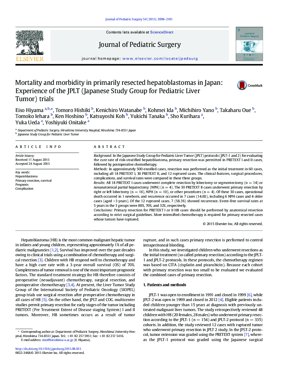 Mortality and morbidity in primarily resected hepatoblastomas in Japan: Experience of the JPLT (Japanese Study Group for Pediatric Liver Tumor) trials