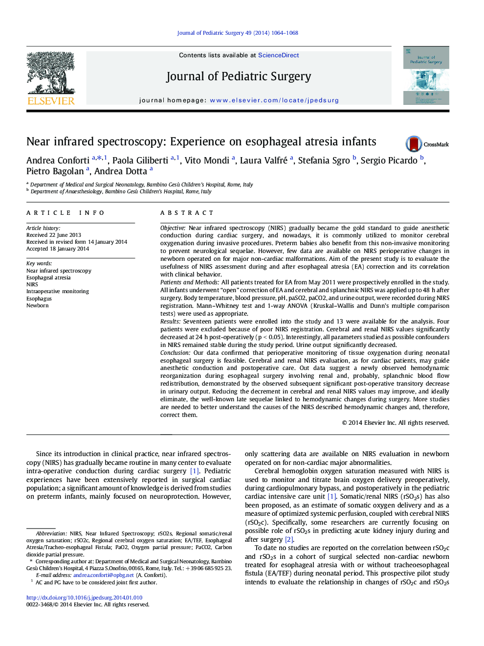 Near infrared spectroscopy: Experience on esophageal atresia infants