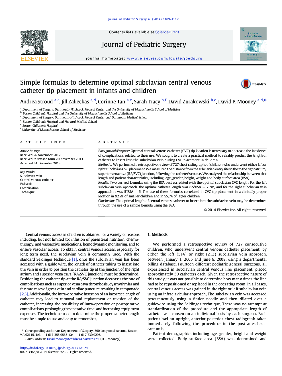 Simple formulas to determine optimal subclavian central venous catheter tip placement in infants and children