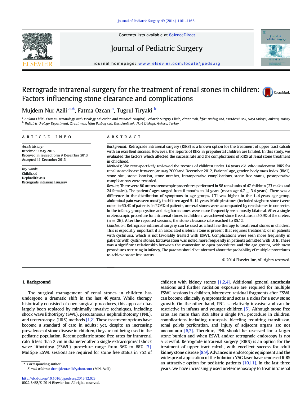 Retrograde intrarenal surgery for the treatment of renal stones in children: Factors influencing stone clearance and complications