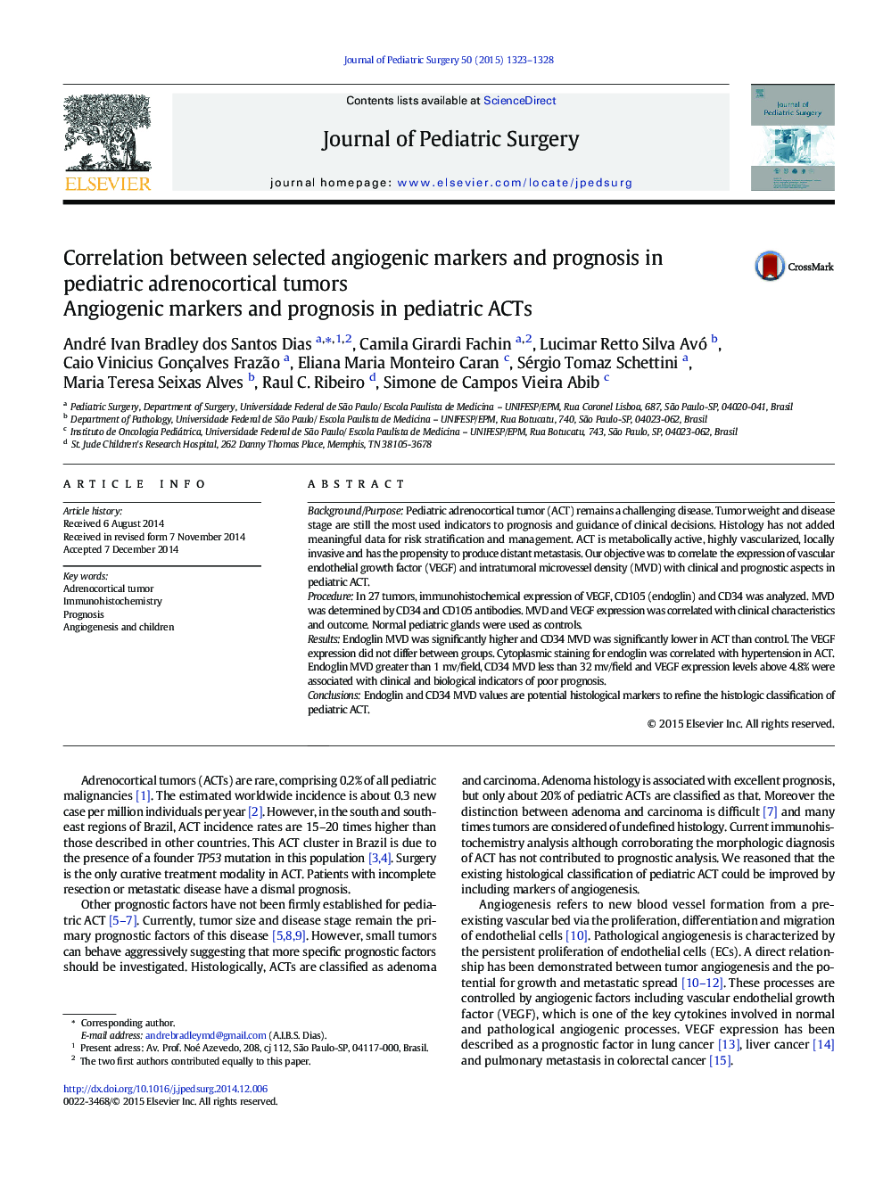 Correlation between selected angiogenic markers and prognosis in pediatric adrenocortical tumors: Angiogenic markers and prognosis in pediatric ACTs