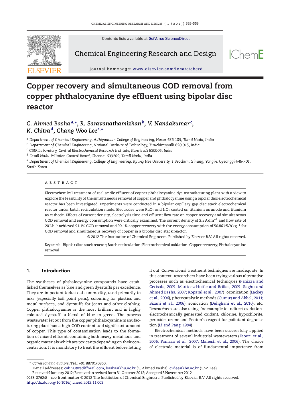 Copper recovery and simultaneous COD removal from copper phthalocyanine dye effluent using bipolar disc reactor