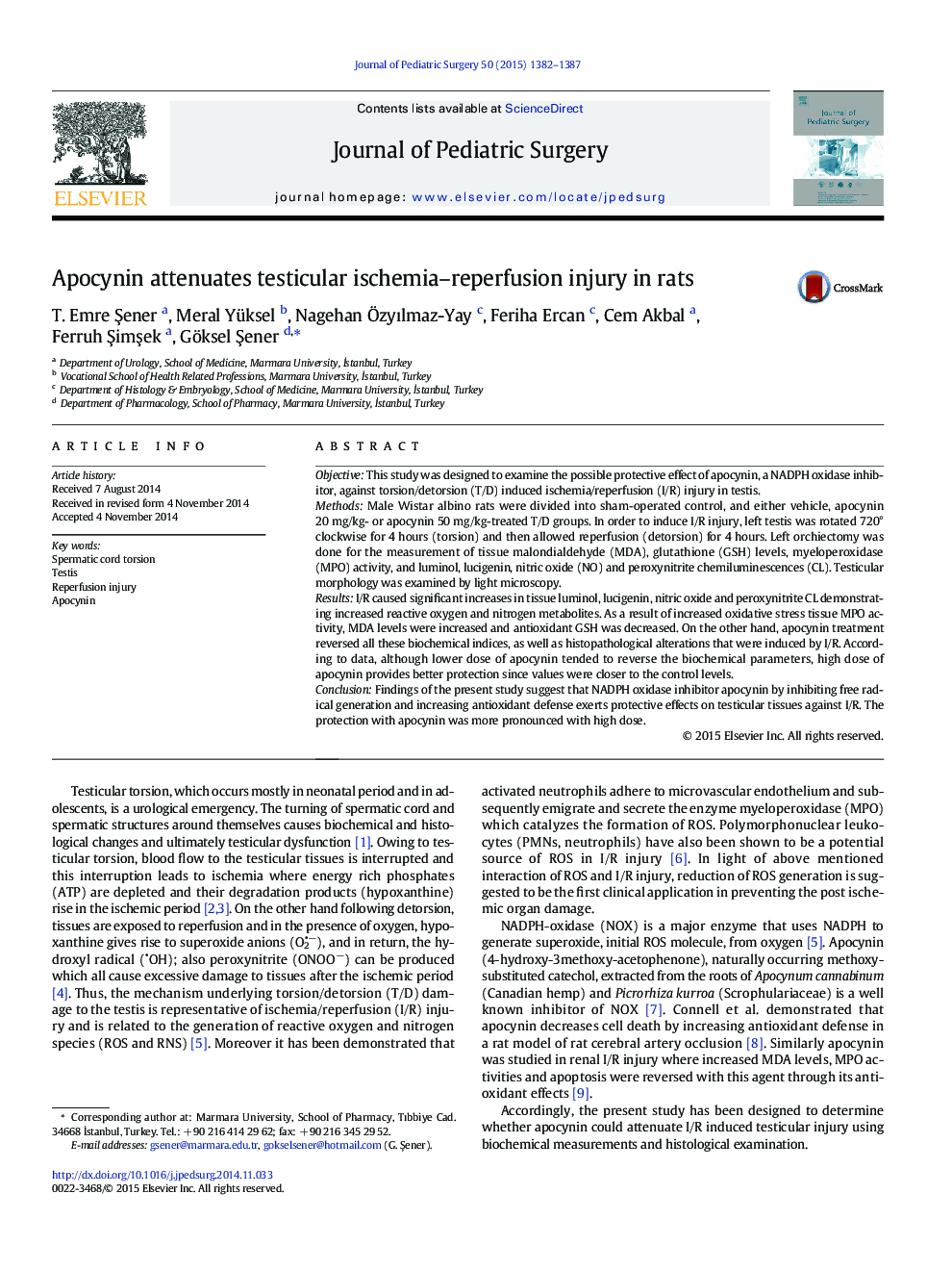 Apocynin attenuates testicular ischemia-reperfusion injury in rats