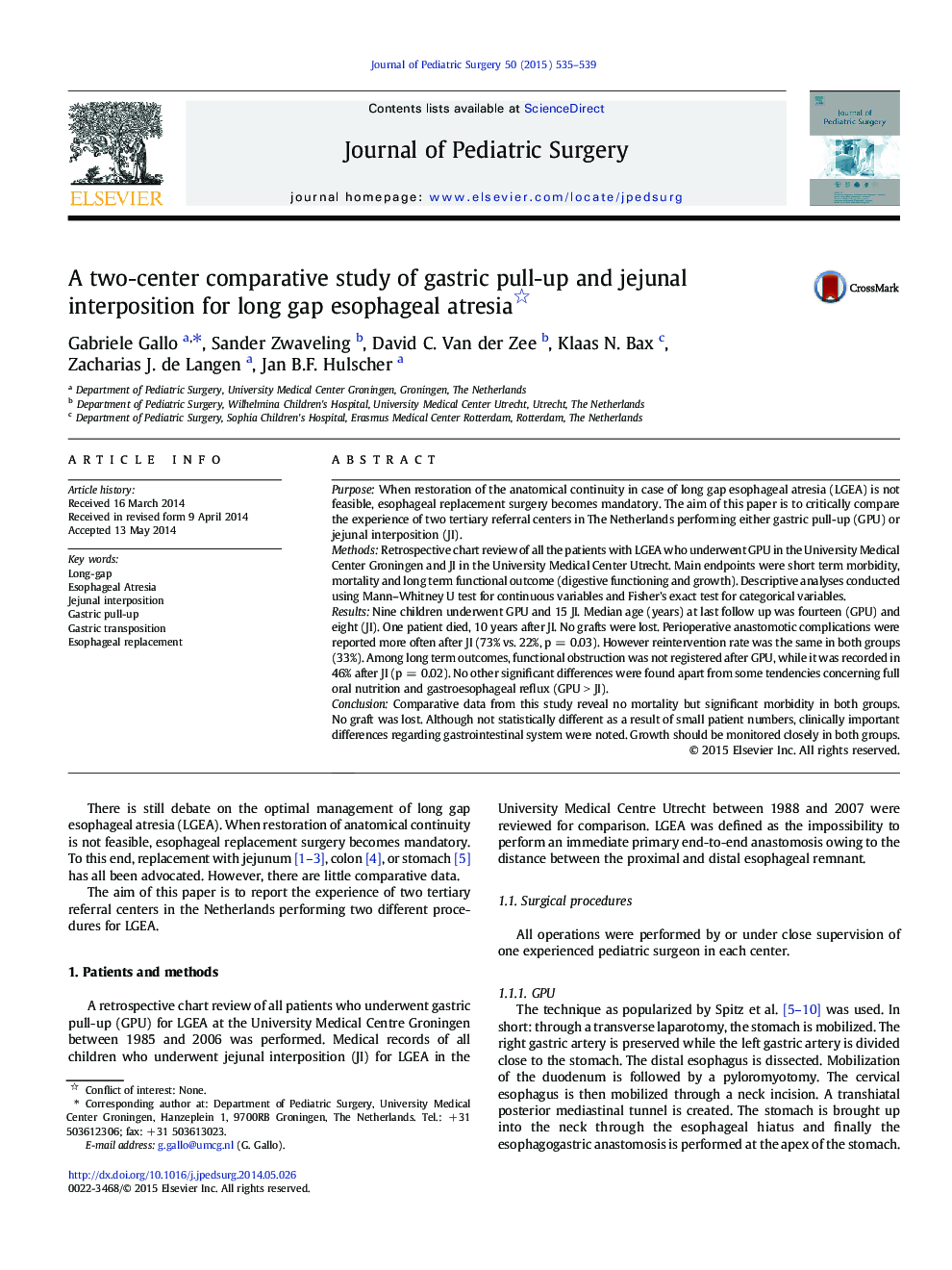 A two-center comparative study of gastric pull-up and jejunal interposition for long gap esophageal atresia