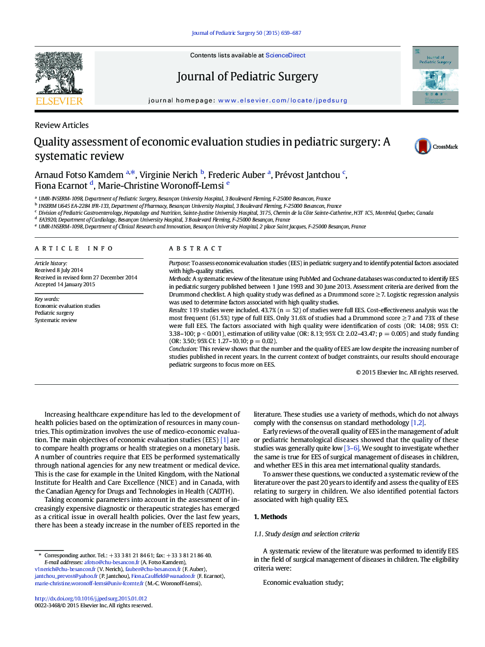 Quality assessment of economic evaluation studies in pediatric surgery: A systematic review