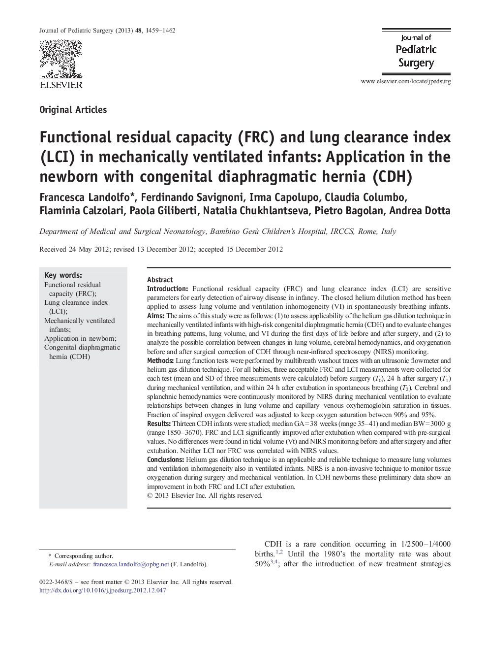 Functional residual capacity (FRC) and lung clearance index (LCI) in mechanically ventilated infants: Application in the newborn with congenital diaphragmatic hernia (CDH)