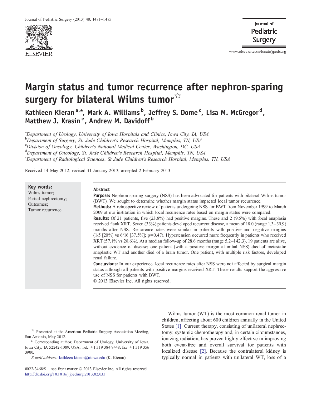 Margin status and tumor recurrence after nephron-sparing surgery for bilateral Wilms tumor
