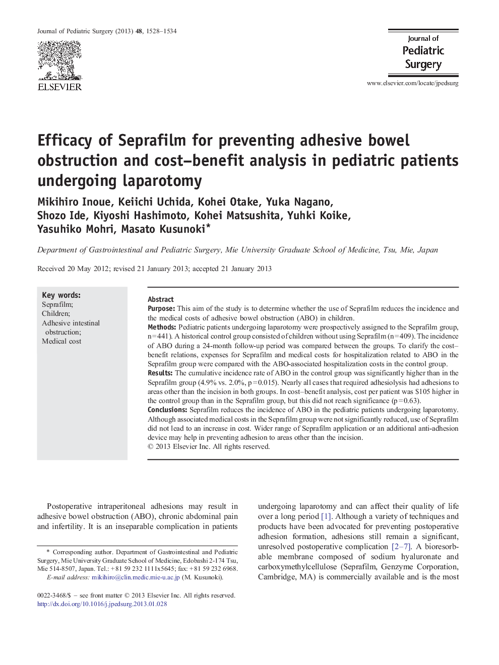 Efficacy of Seprafilm for preventing adhesive bowel obstruction and cost-benefit analysis in pediatric patients undergoing laparotomy