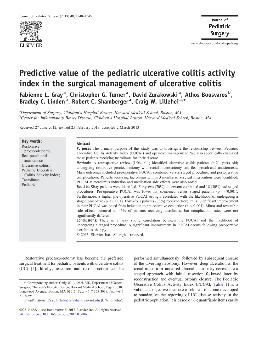 Predictive value of the pediatric ulcerative colitis activity index in the surgical management of ulcerative colitis