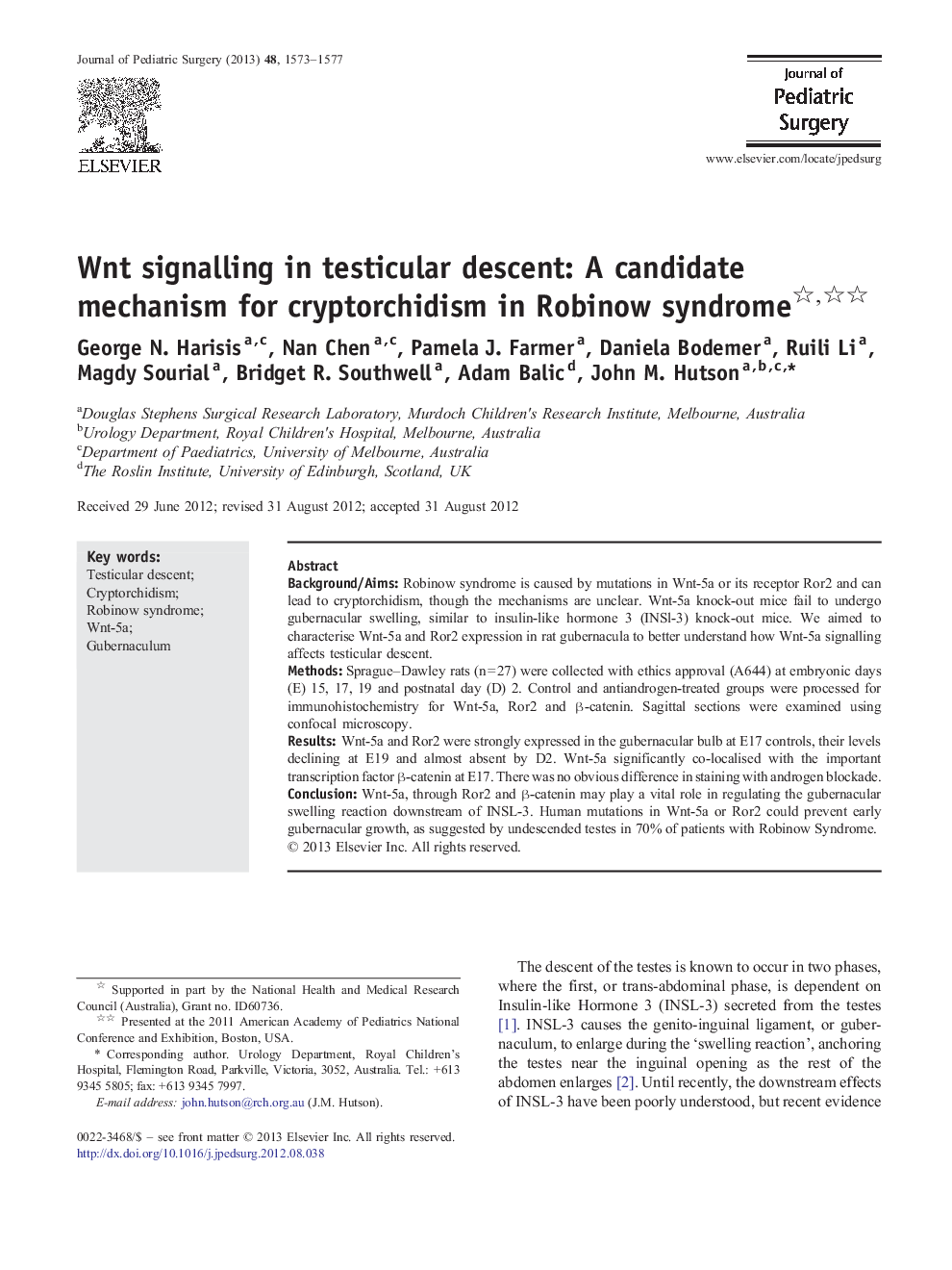 Wnt signalling in testicular descent: A candidate mechanism for cryptorchidism in Robinow syndrome