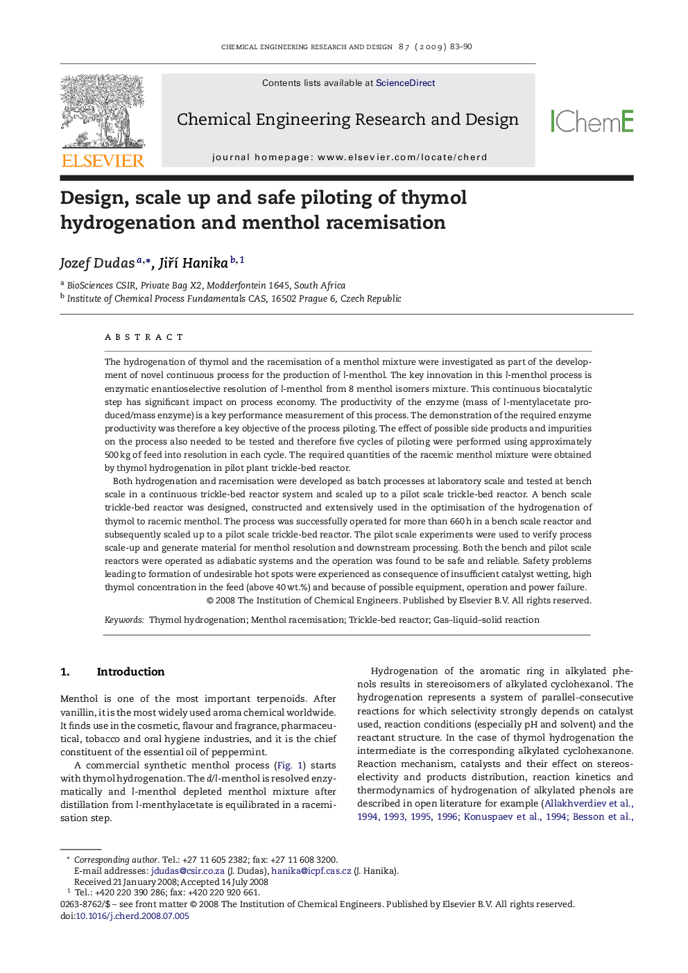 Design, scale up and safe piloting of thymol hydrogenation and menthol racemisation