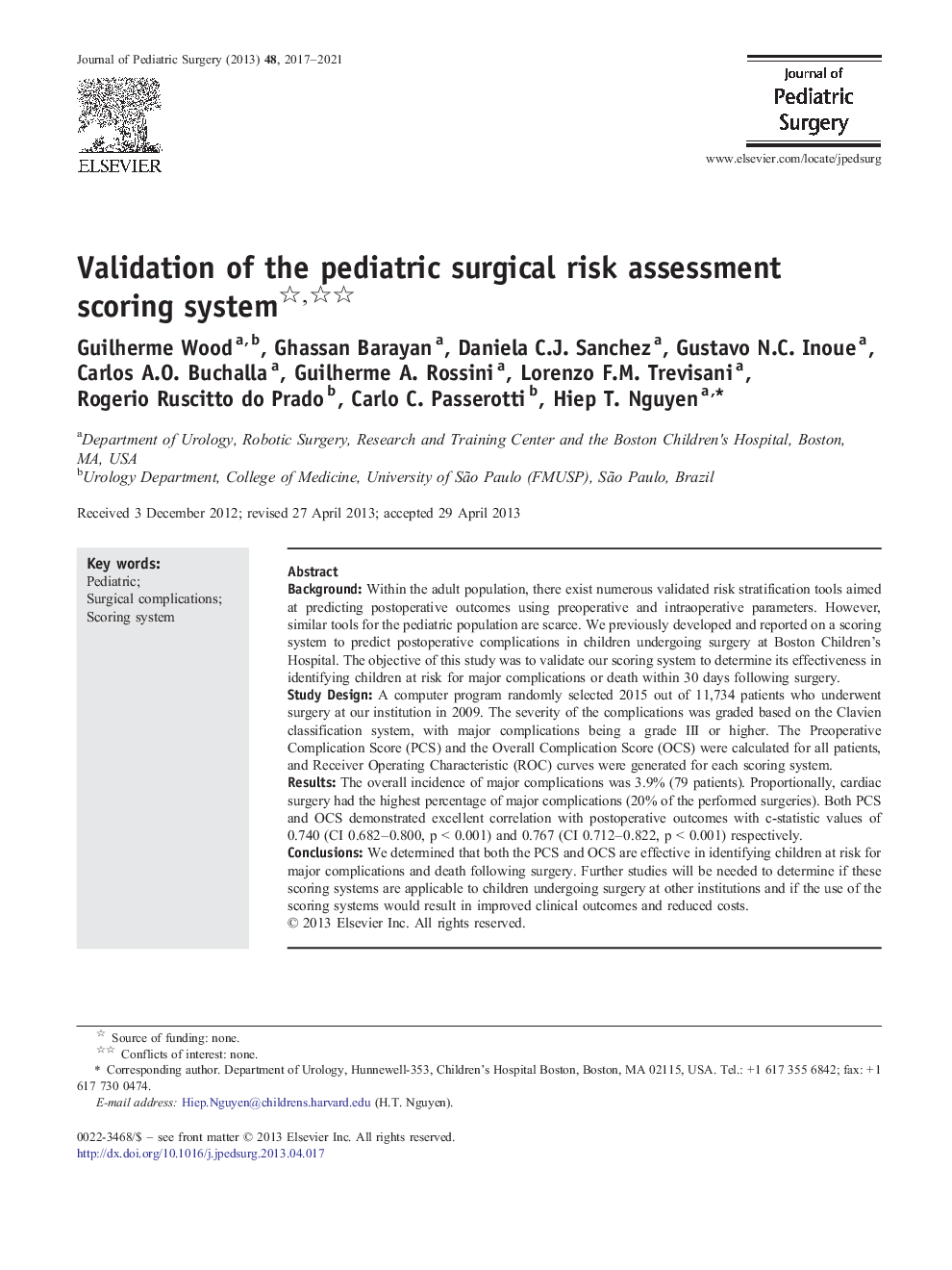 Validation of the pediatric surgical risk assessment scoring system