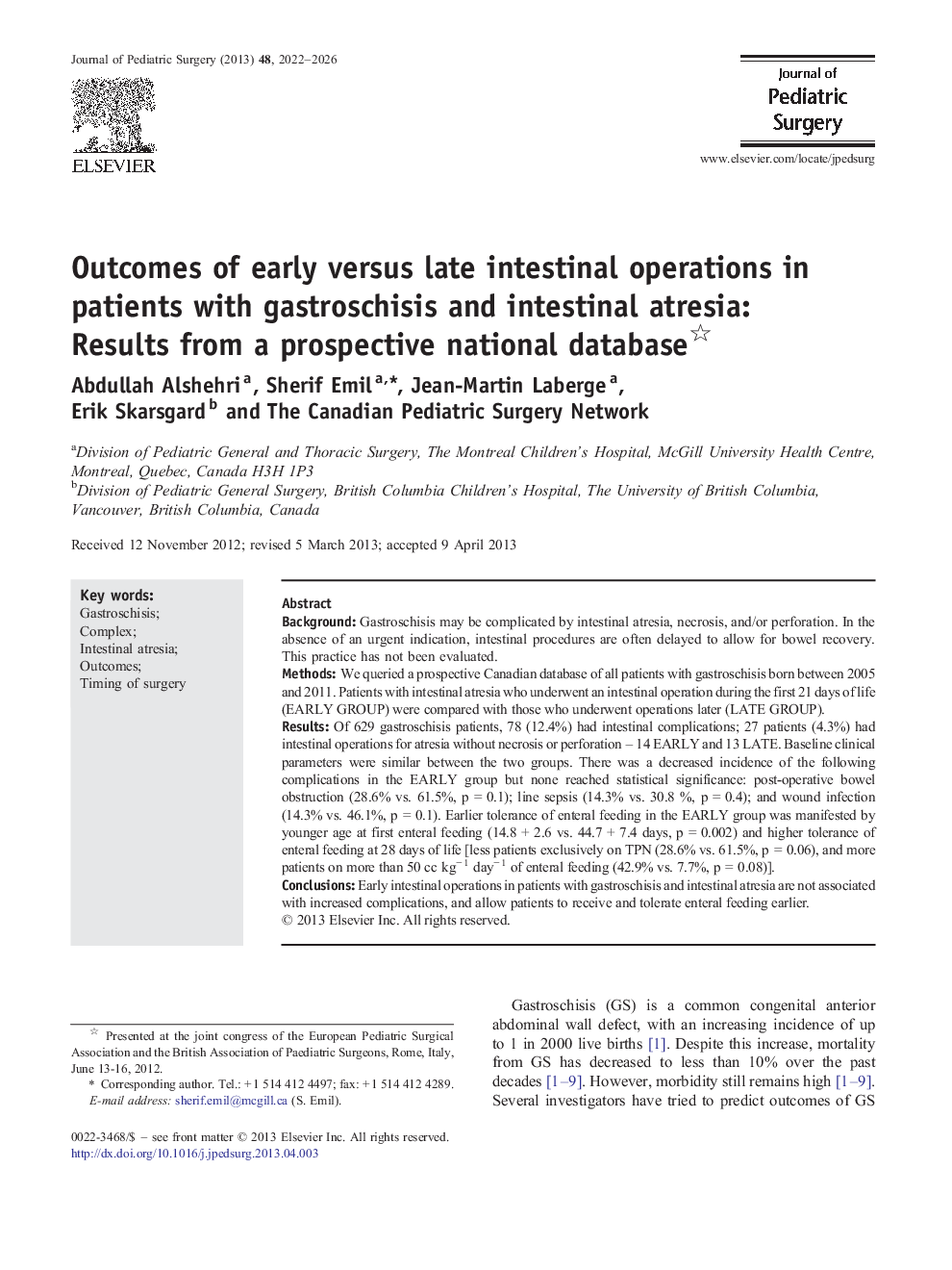 Outcomes of early versus late intestinal operations in patients with gastroschisis and intestinal atresia: Results from a prospective national database