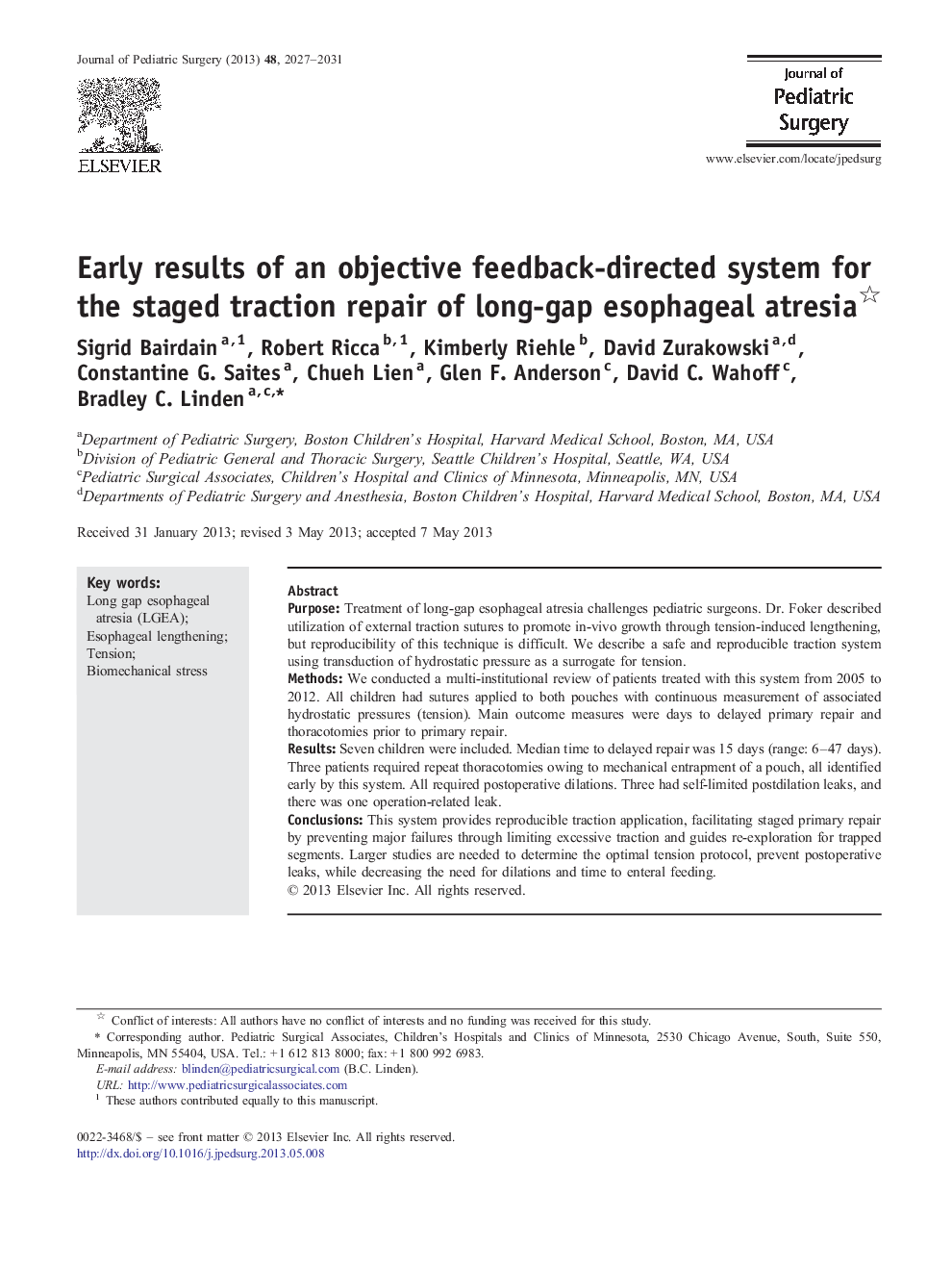 Early results of an objective feedback-directed system for the staged traction repair of long-gap esophageal atresia