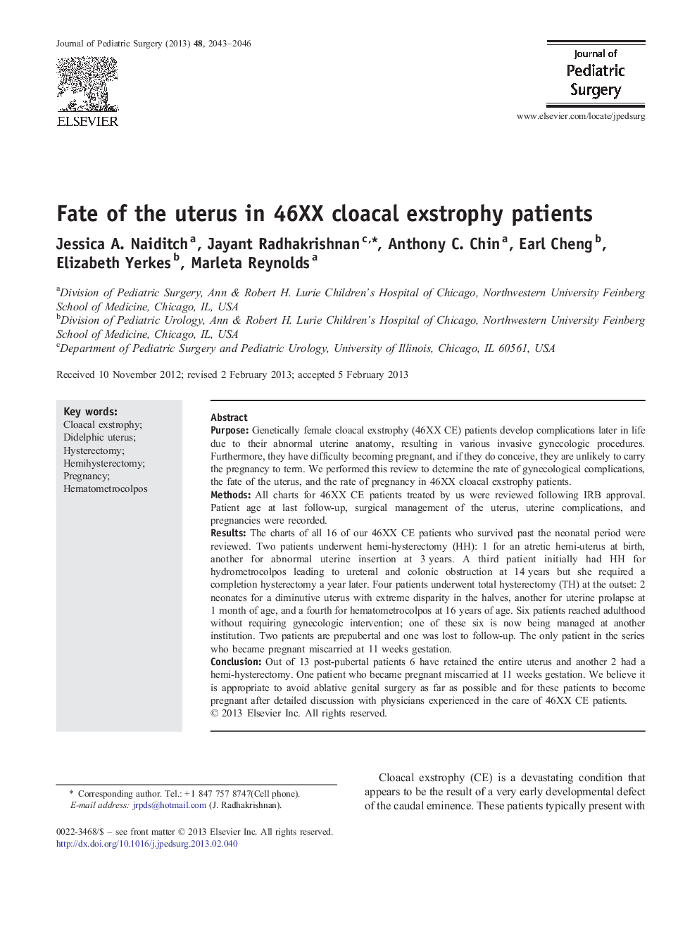 Fate of the uterus in 46XX cloacal exstrophy patients