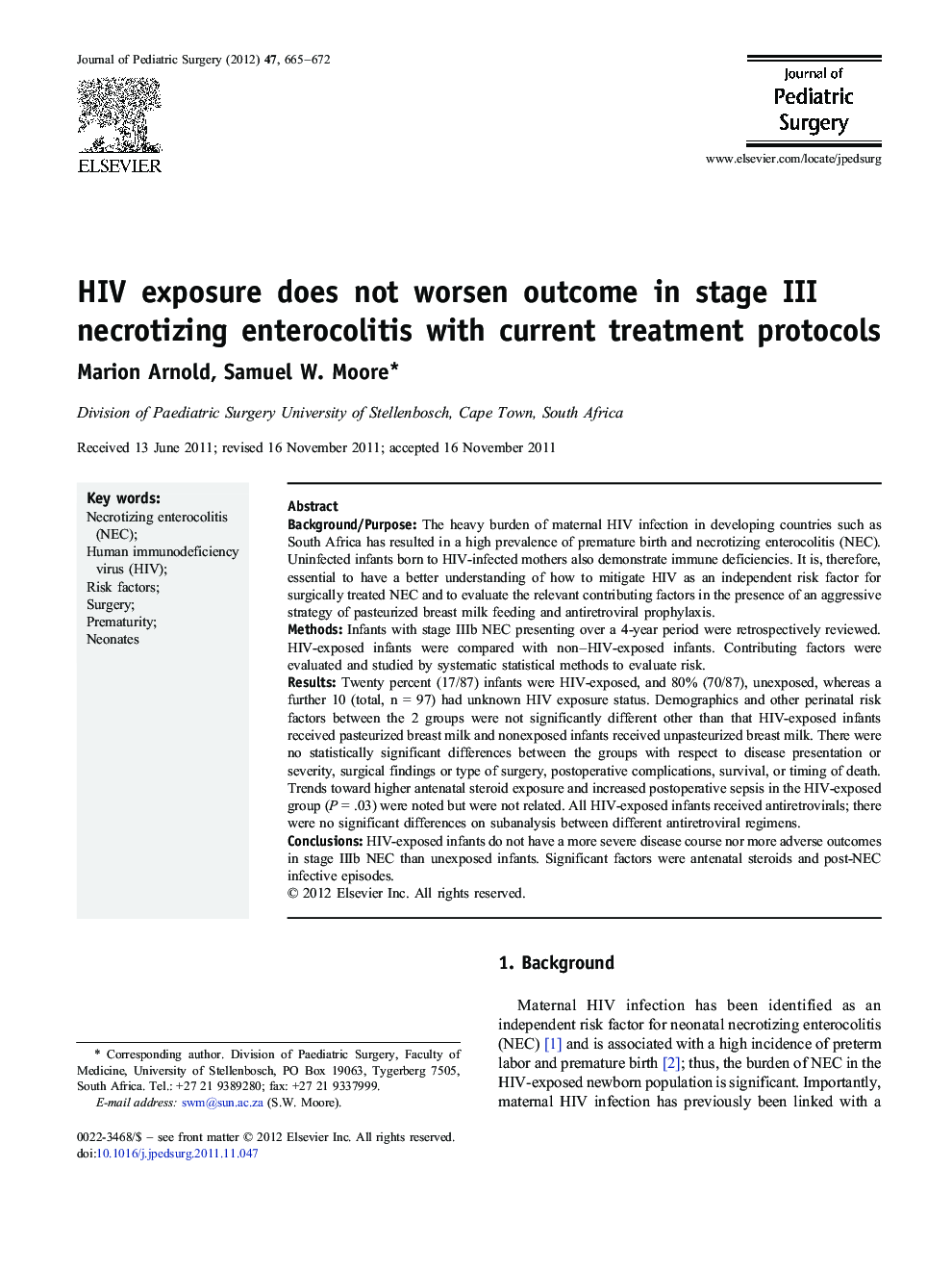 HIV exposure does not worsen outcome in stage III necrotizing enterocolitis with current treatment protocols