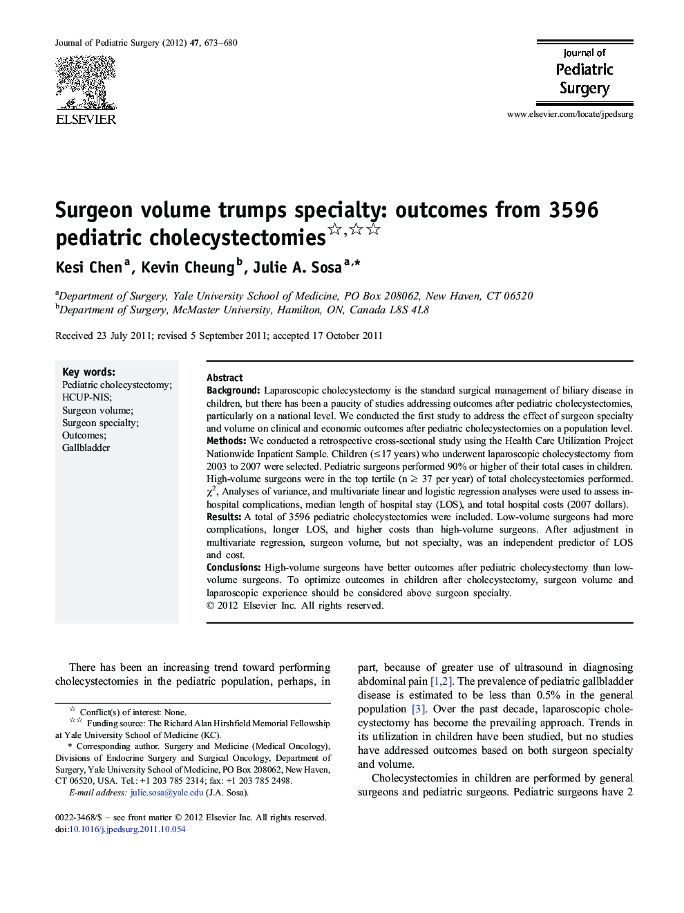 Surgeon volume trumps specialty: outcomes from 3596 pediatric cholecystectomies