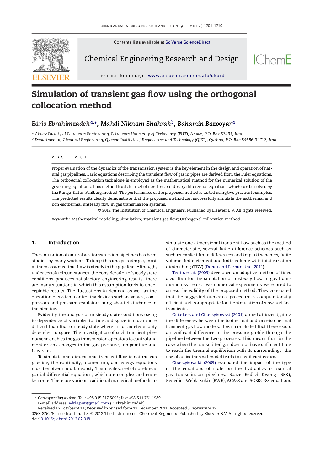 Simulation of transient gas flow using the orthogonal collocation method