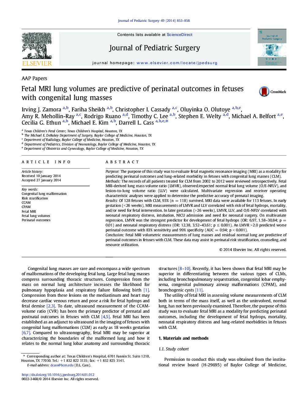 AAP PaperFetal MRI lung volumes are predictive of perinatal outcomes in fetuses with congenital lung masses