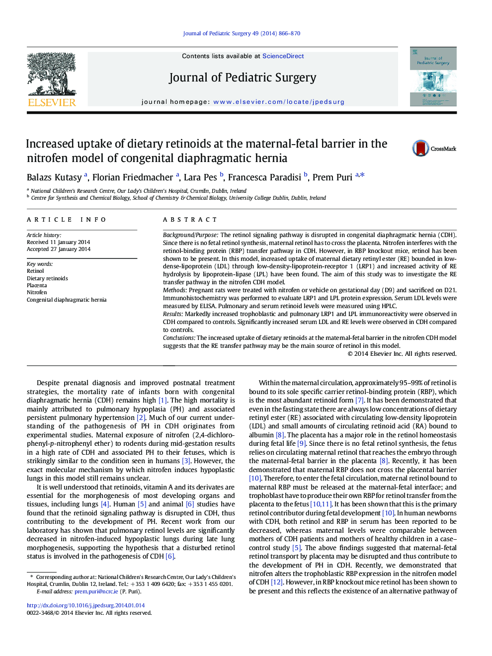 Increased uptake of dietary retinoids at the maternal-fetal barrier in the nitrofen model of congenital diaphragmatic hernia