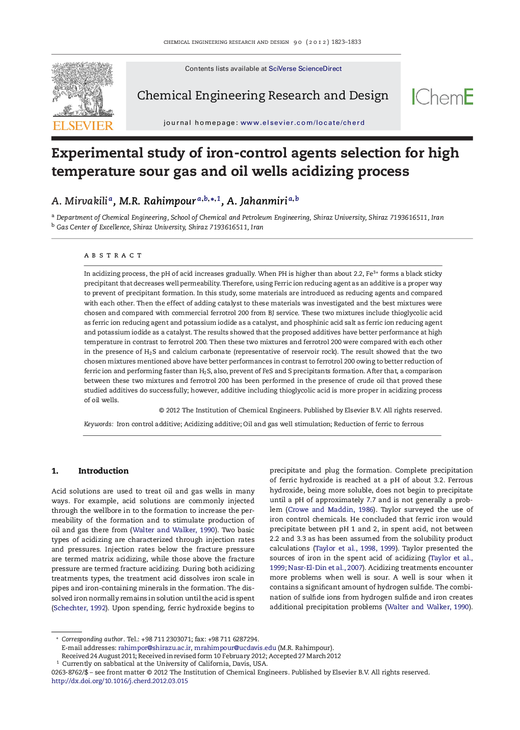 Experimental study of iron-control agents selection for high temperature sour gas and oil wells acidizing process