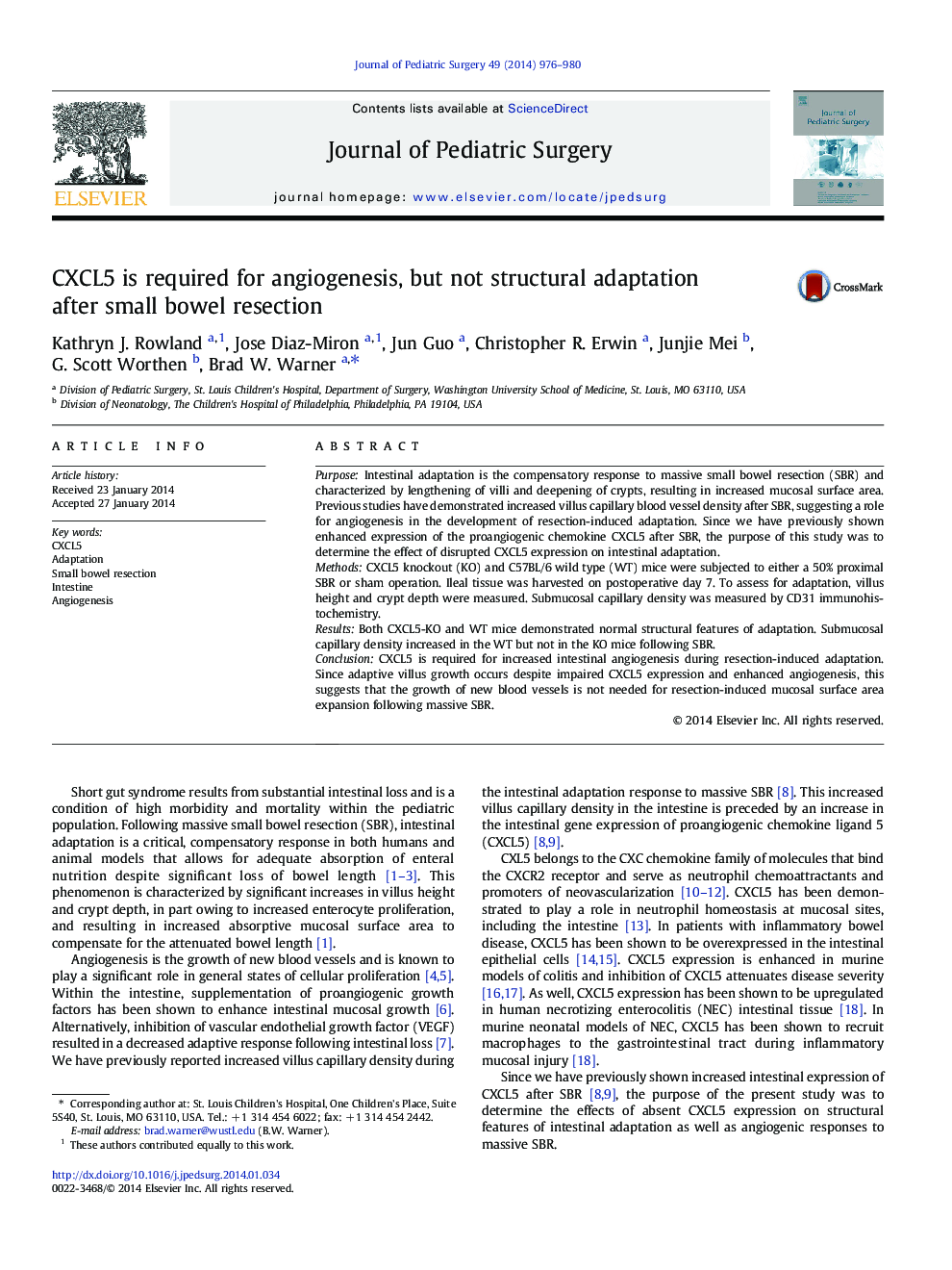 CXCL5 is required for angiogenesis, but not structural adaptation after small bowel resection