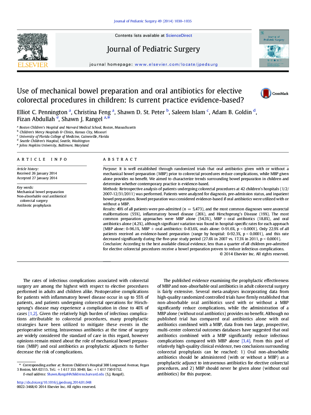 Use of mechanical bowel preparation and oral antibiotics for elective colorectal procedures in children: Is current practice evidence-based?
