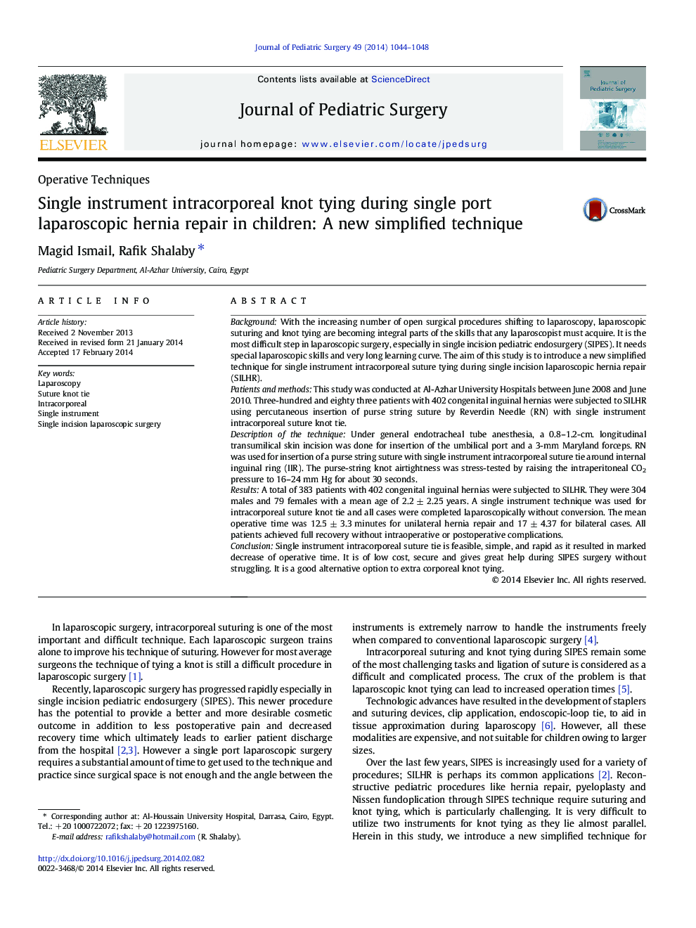 Single instrument intracorporeal knot tying during single port laparoscopic hernia repair in children: A new simplified technique