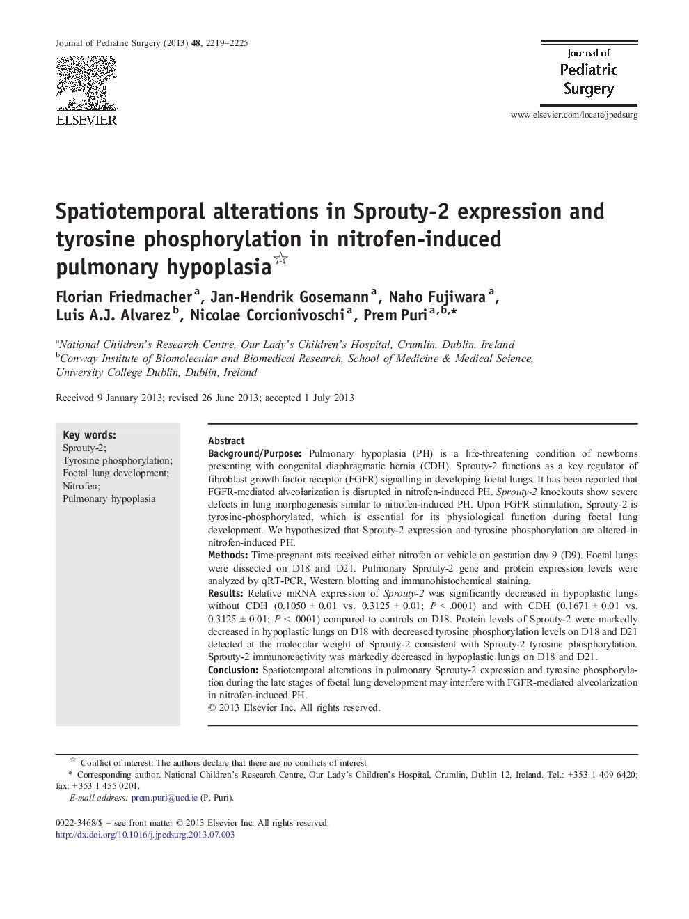 Spatiotemporal alterations in Sprouty-2 expression and tyrosine phosphorylation in nitrofen-induced pulmonary hypoplasia