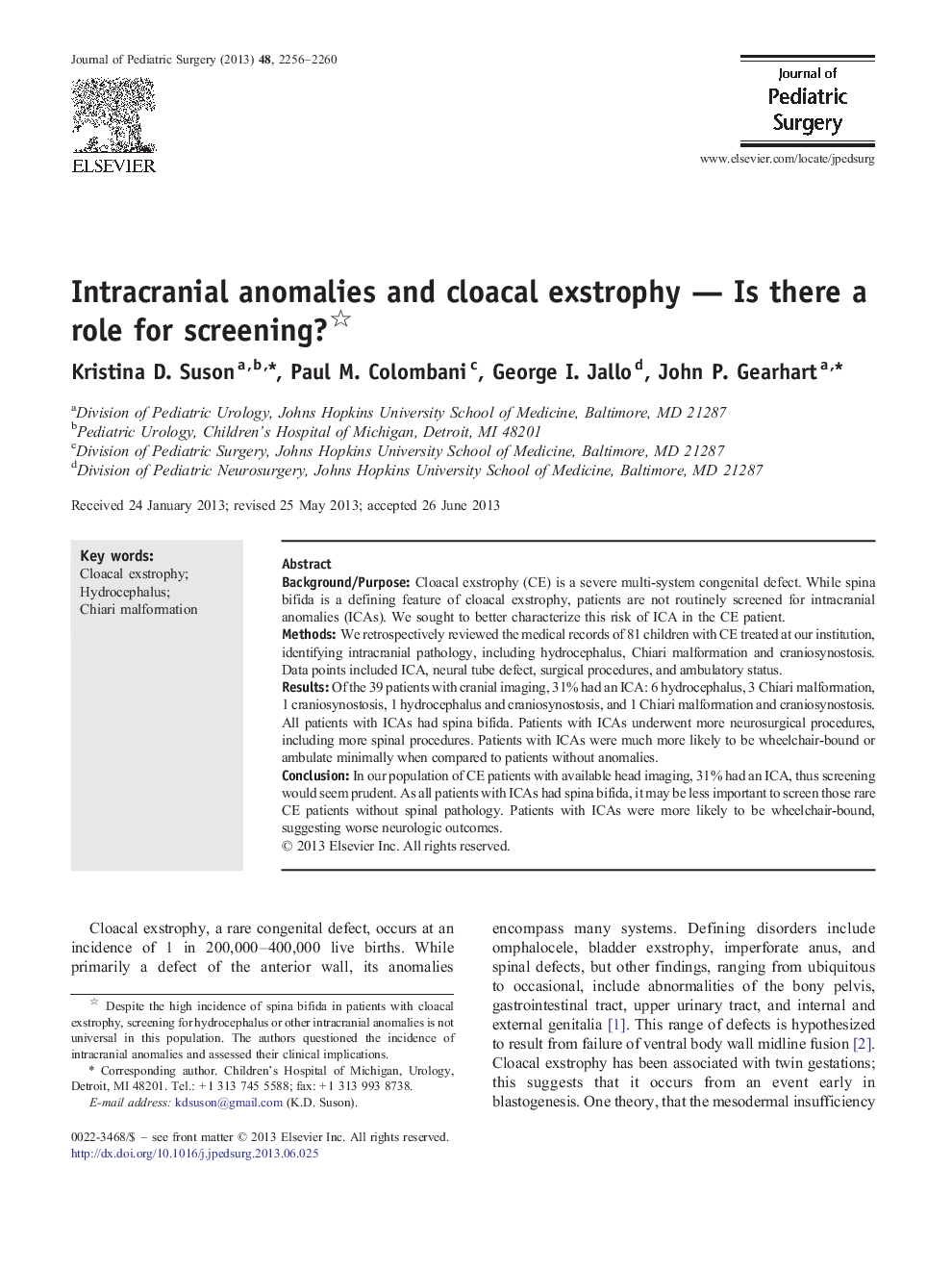 Intracranial anomalies and cloacal exstrophy - Is there a role for screening?