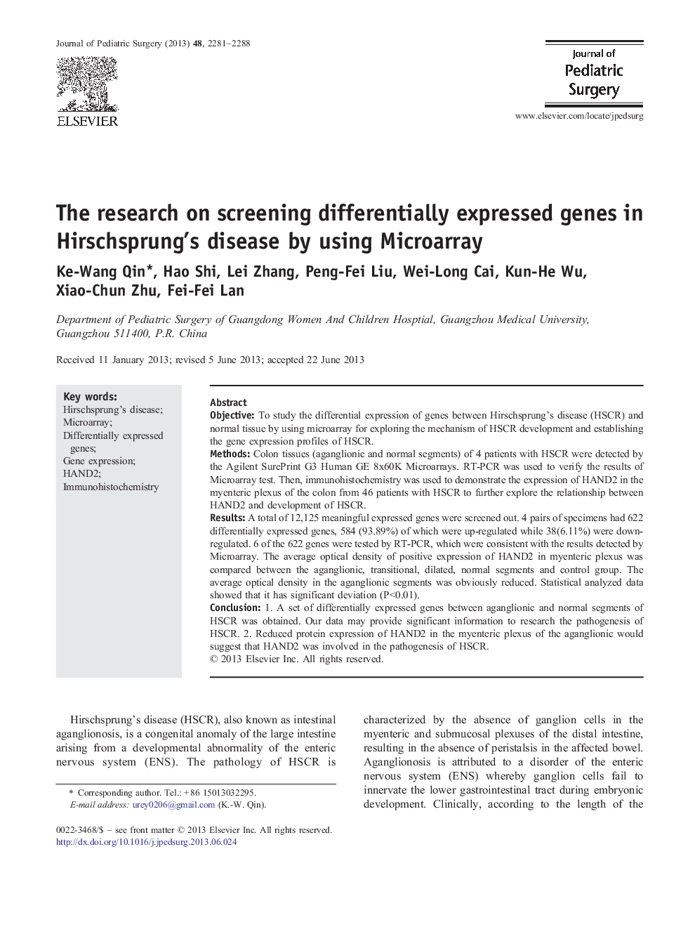 The research on screening differentially expressed genes in Hirschsprung's disease by using Microarray