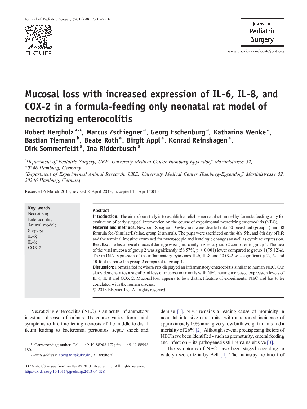 Original ArticleMucosal loss with increased expression of IL-6, IL-8, and COX-2 in a formula-feeding only neonatal rat model of necrotizing enterocolitis