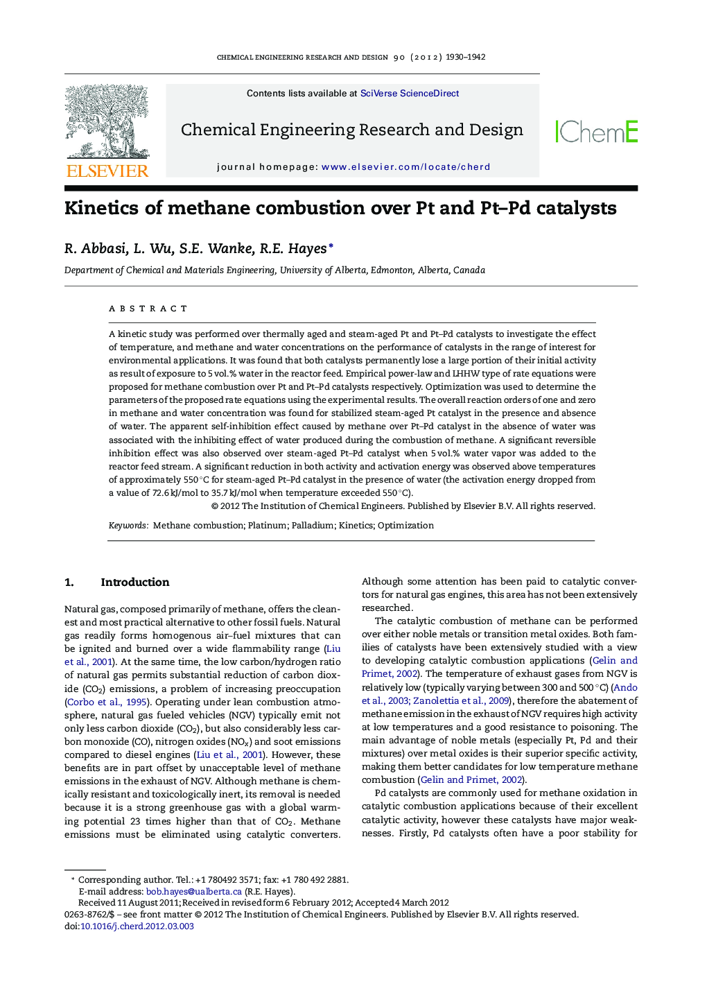 Kinetics of methane combustion over Pt and Pt–Pd catalysts