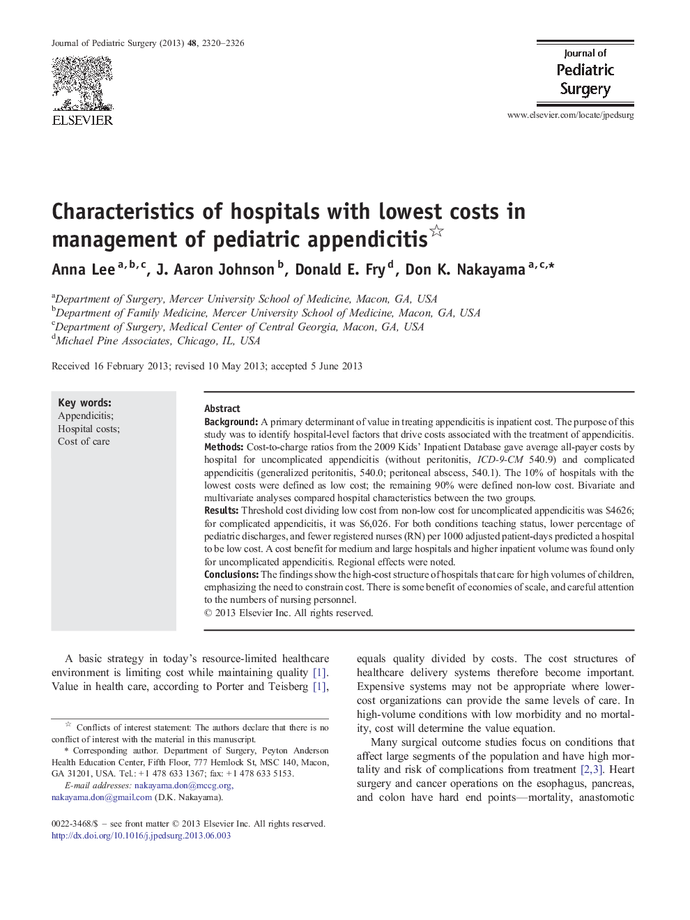 Characteristics of hospitals with lowest costs in management of pediatric appendicitis