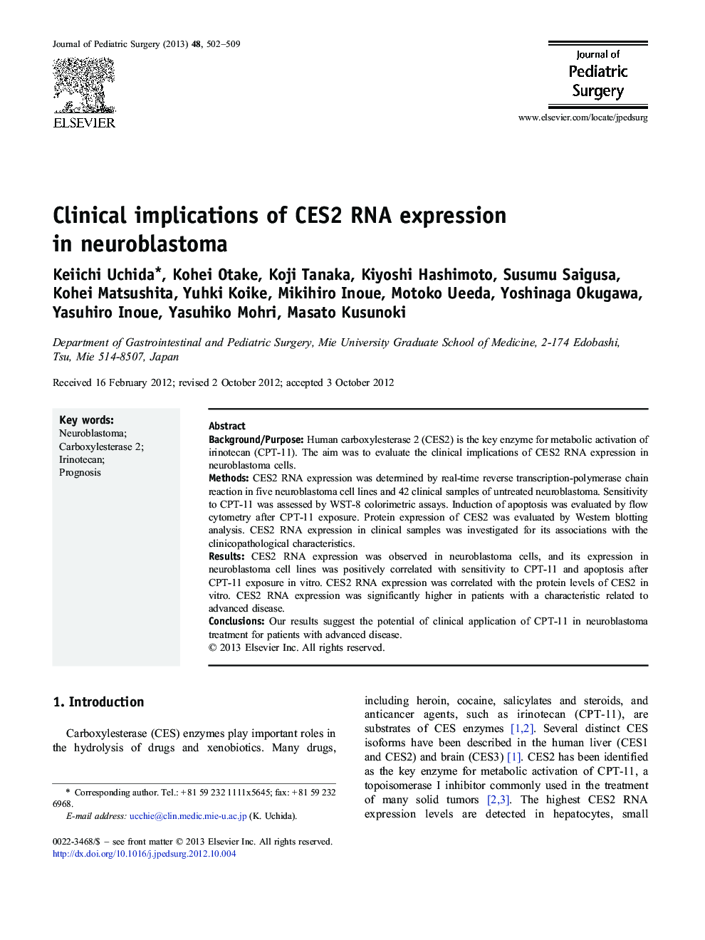 Clinical implications of CES2 RNA expression in neuroblastoma