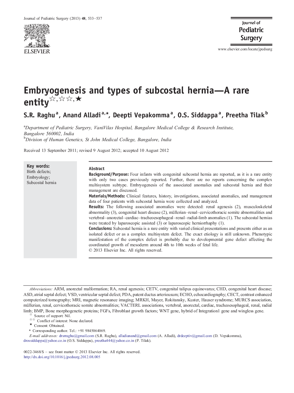 Original ArticleEmbryogenesis and types of subcostal hernia-A rare entityâ