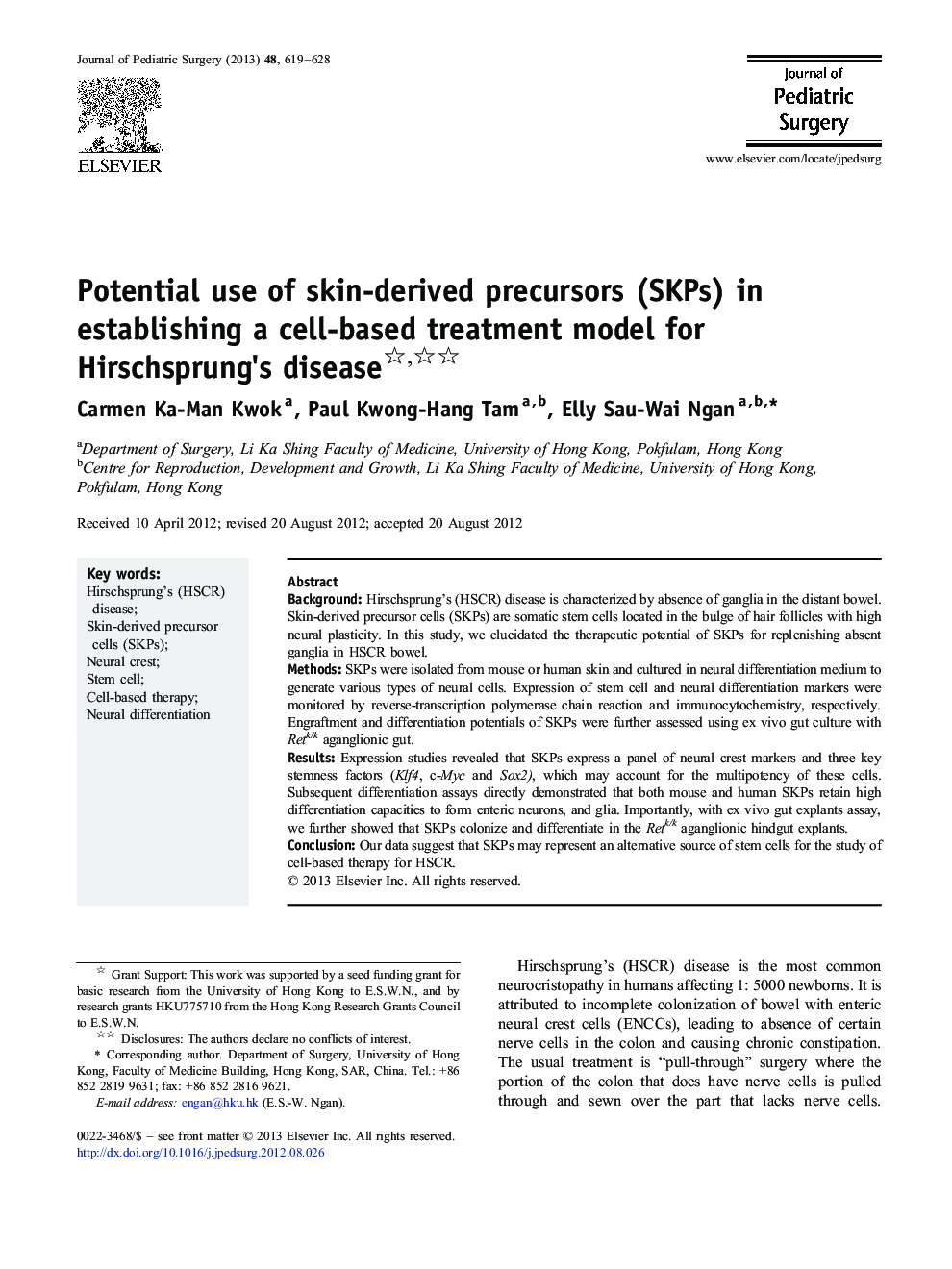 Potential use of skin-derived precursors (SKPs) in establishing a cell-based treatment model for Hirschsprung's disease