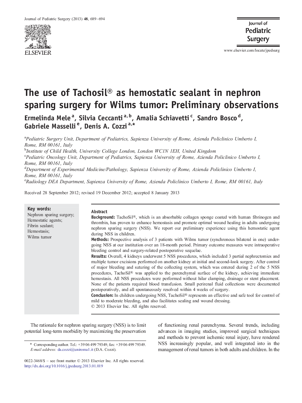 The use of Tachosil® as hemostatic sealant in nephron sparing surgery for Wilms tumor: Preliminary observations