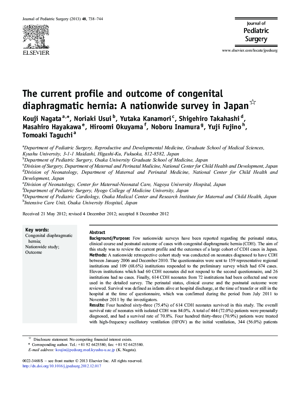 The current profile and outcome of congenital diaphragmatic hernia: A nationwide survey in Japan