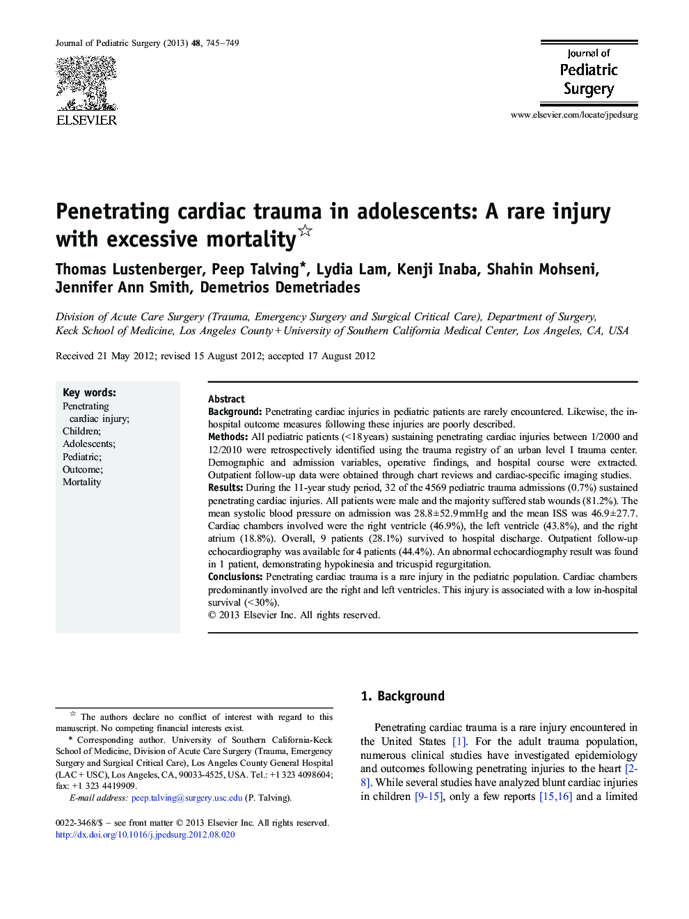 Penetrating cardiac trauma in adolescents: A rare injury with excessive mortality