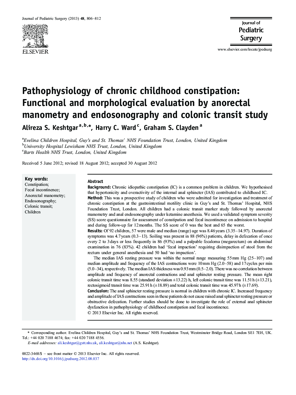 Pathophysiology of chronic childhood constipation: Functional and morphological evaluation by anorectal manometry and endosonography and colonic transit study